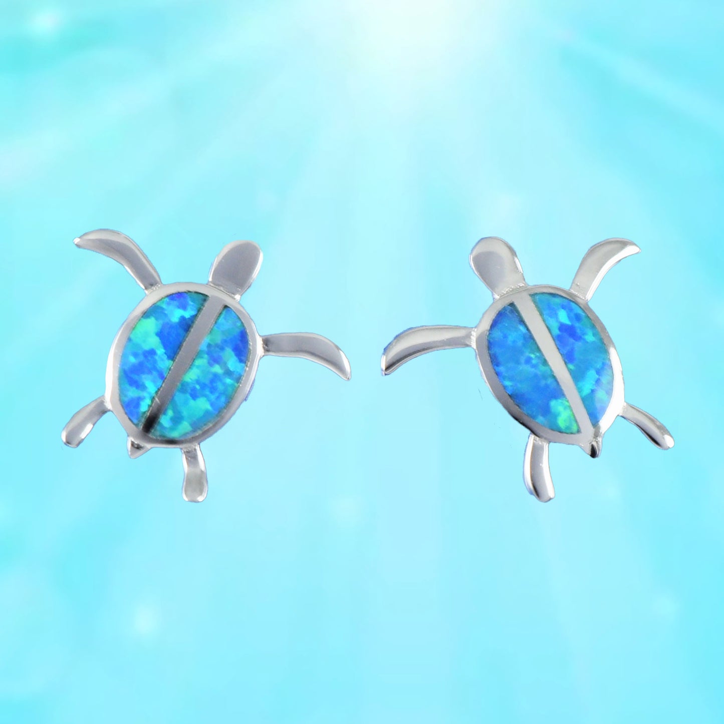 Hawaiian Opal Sea Turtle Earrings, Sterling Silver Blue Opal Inlay Sea Turtle Stud Post Earrings, Hawaiian Jewelry