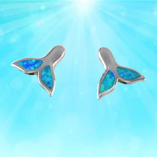 Hawaiian Blue Opal Dolphin Tail Earrings, Sterling Silver Blue Opal Dolphin Tail Stud Earrings, Christmas Birthday Gift