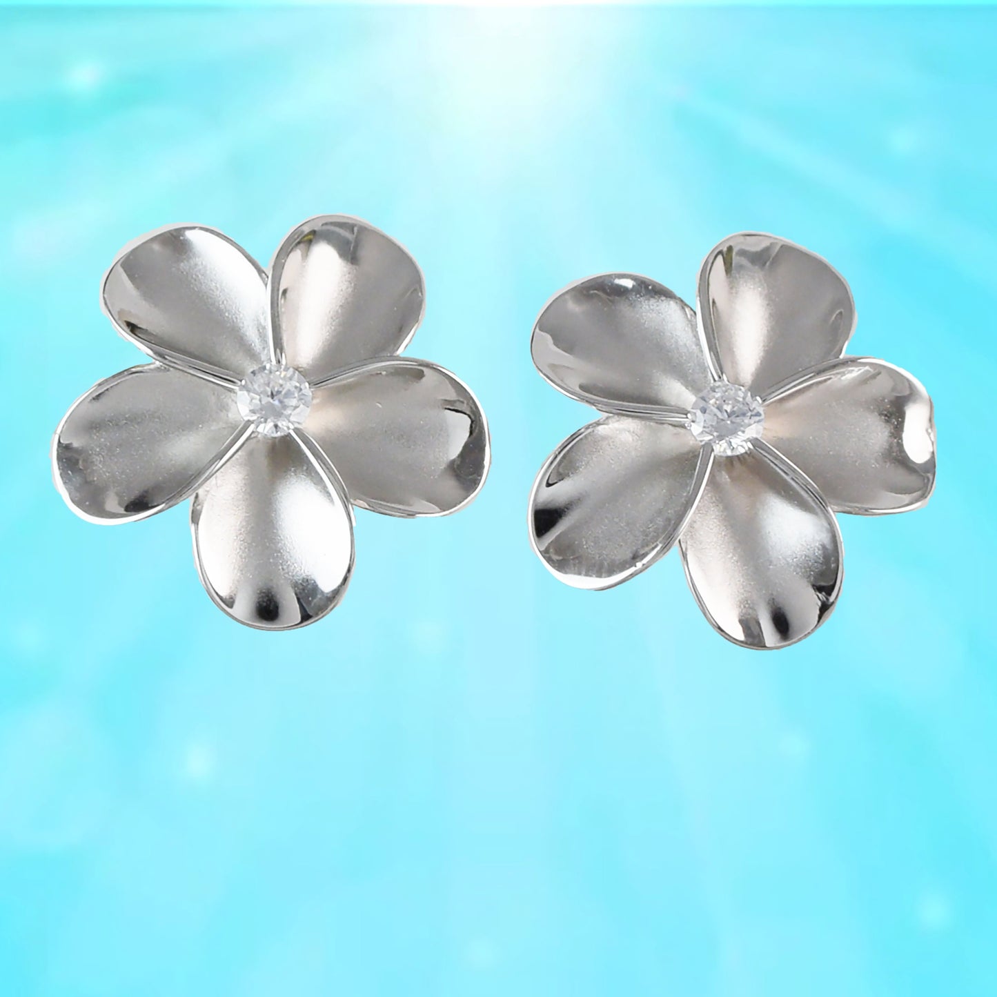 Hawaiian Large Plumeria Earrings, Sterling Silver Plumeria CZ Stud Earrings, Hawaiian Jewelry, Christmas Anniversary Birthday Gift