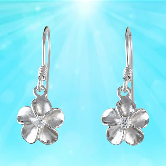 Hawaiian Small Plumeria Earrings, Sterling Silver Plumeria CZ Dangle Earrings, Hawaiian Jewelry, Christmas Anniversary Birthday Gift