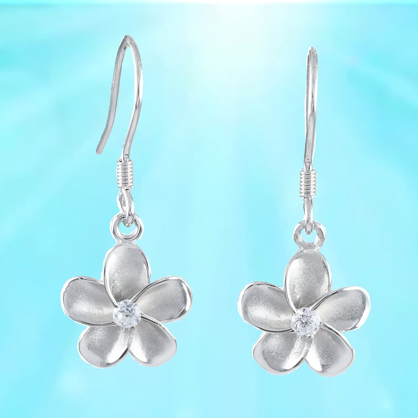 Hawaiian Plumeria Earrings, Sterling Silver Plumeria CZ Dangle Earrings, W4012, Hawaiian Jewelry, Christmas Anniversary Birthday Gift