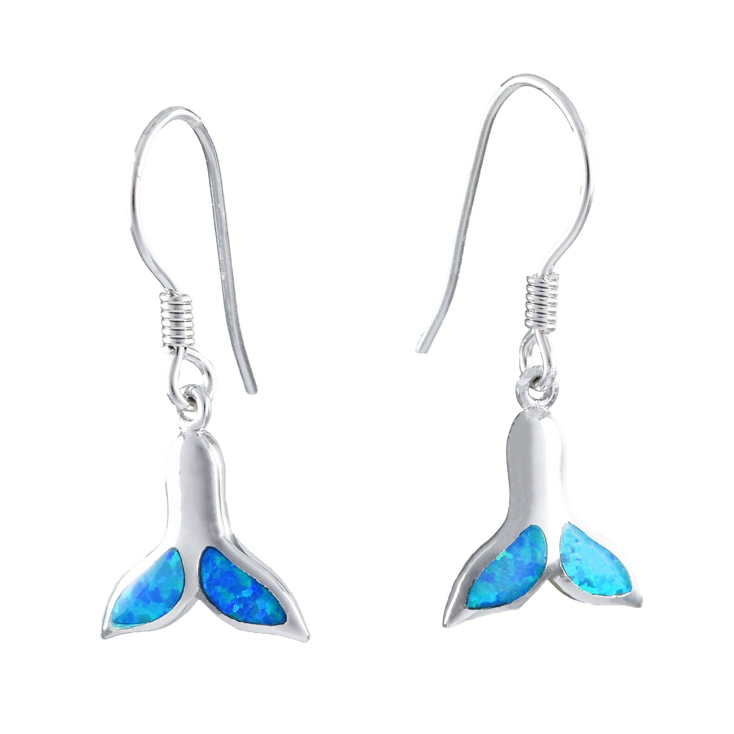 Hawaiian Blue Opal Whale Tail Earrings, Sterling Silver Blue Opal Whale Tail Dangle Earrings, Christmas Anniversary Birthday Gift