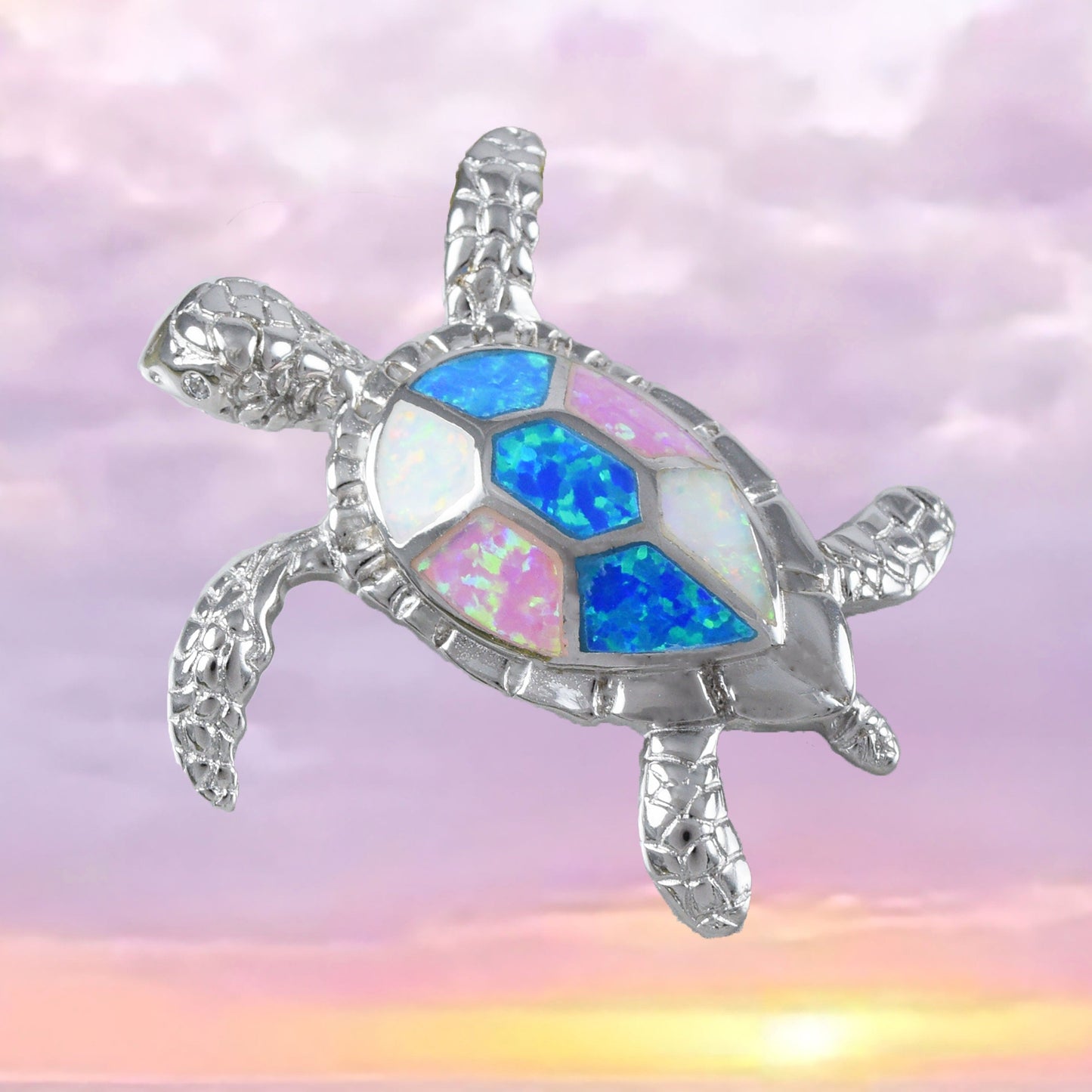 Hawaiian X-Large Tri-color Opal Sea Turtle Pendant, Sterling Silver Blue White Pink Opal Turtle Pendant, N8365 Birthday Mom Gift