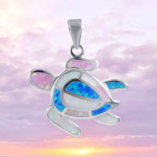 Hawaiian Tri-color Opal Sea Turtle Pendant, Sterling Silver Blue White Pink Opal Turtle Pendant, N8367 Birthday Mom Gift