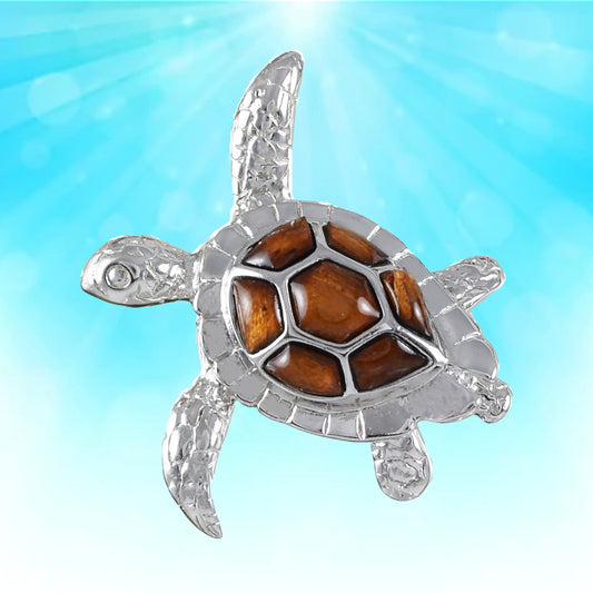 Hawaiian Large Genuine Koa Wood Sea Turtle Pendant, Sterling Silver Koa Wood Inlay Sea Turtle Pendant, Christmas Birthday Gift