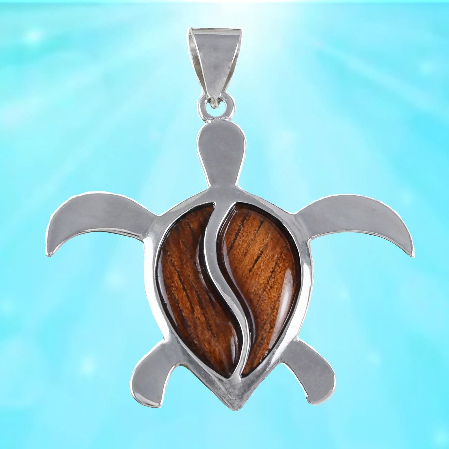 Hawaiian X-Large Genuine Koa Wood Sea Turtle Pendant, Sterling Silver Koa Wood Inlay Sea Turtle Pendant, Christmas Birthday Gift