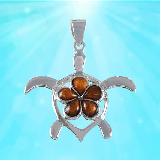 Hawaiian Large Genuine Koa Wood Plumeria Sea Turtle Pendant, Sterling Silver Koa Wood Inlay Sea Turtle Pendant, Christmas Birthday Gift