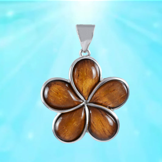 Hawaiian Large Genuine Koa Wood Plumeria Pendant, Sterling Silver Koa Wood Inlay Plumeria Pendant, Christmas Present, Birthday Mom Gift