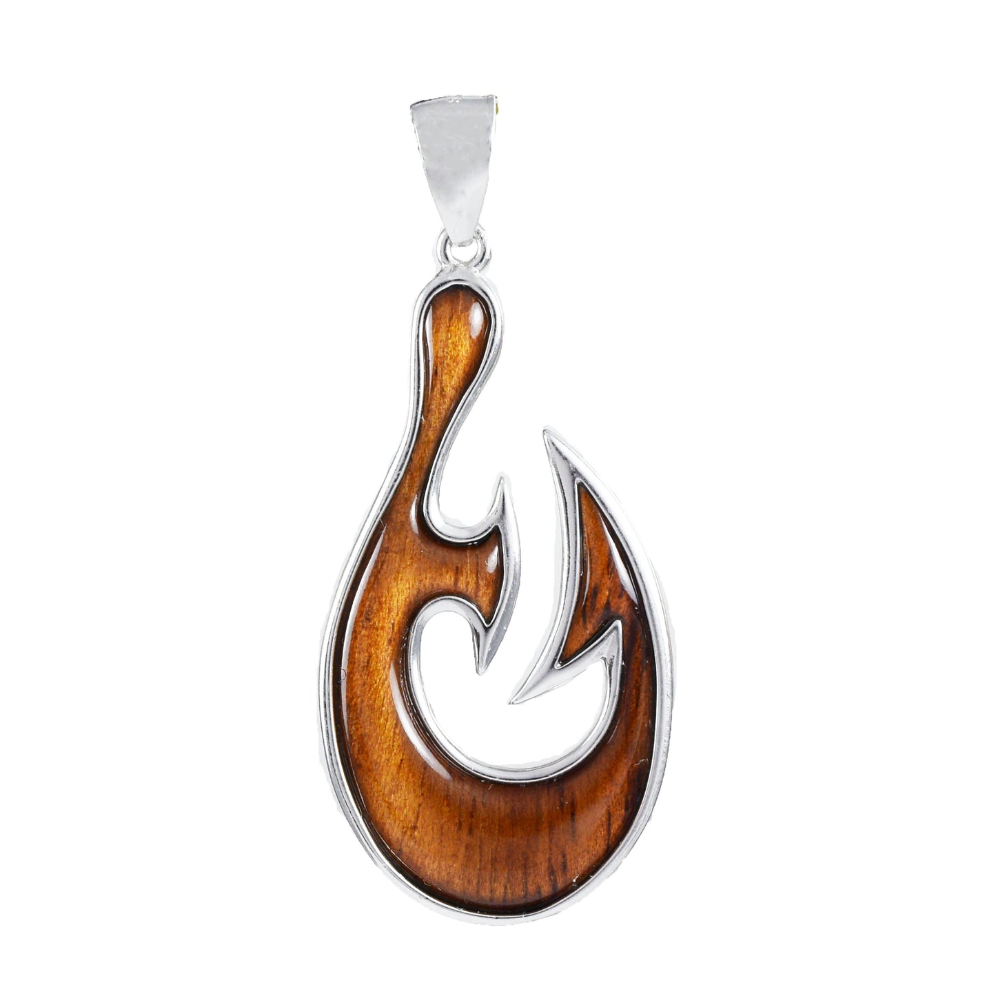 Hawaiian X-Large Genuine Koa Wood Fish Hook Pendant, Sterling Silver Koa Wood Fish Hook Pendant, Christmas Anniversary Birthday Gift