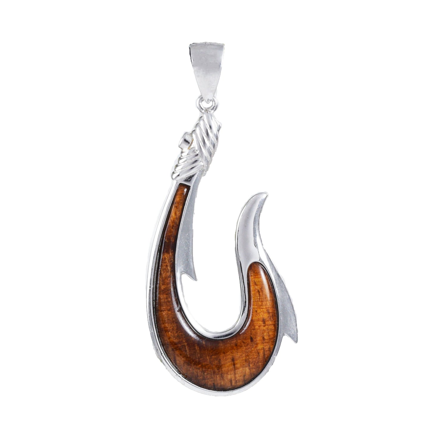 Hawaiian X-Large Genuine Koa Wood Fish Hook Pendant, Sterling Silver Koa Wood Fish Hook Pendant, Christmas Anniversary Birthday Dad Gift