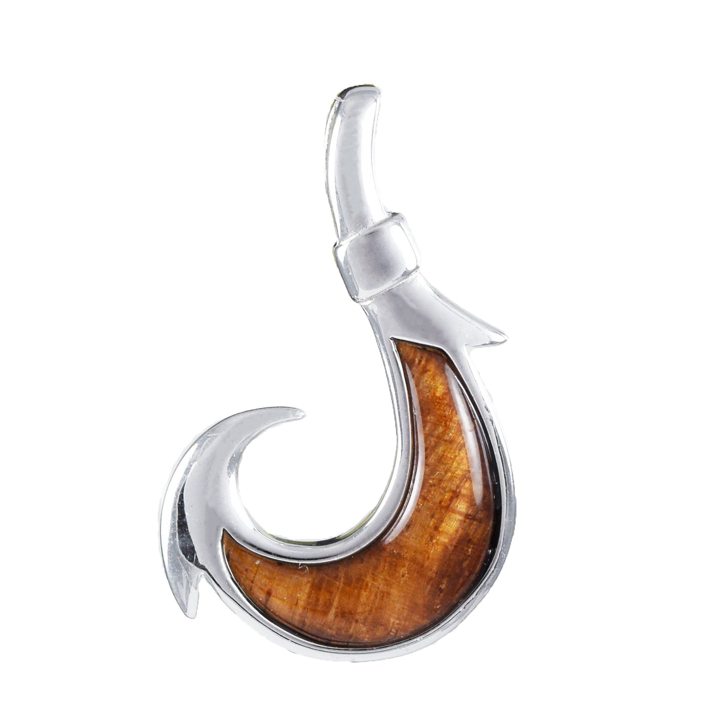 Hawaiian Large Genuine Koa Wood Fish Hook Pendant, Sterling Silver Koa Wood Fish Hook Pendant, Christmas Anniversary Birthday Gift