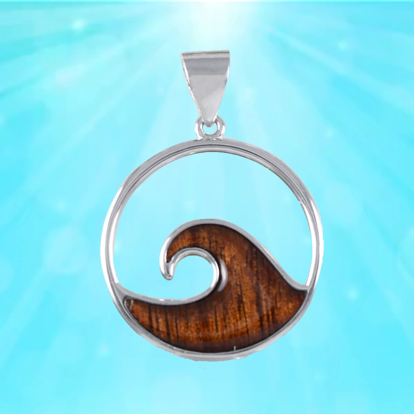 Hawaiian Large Genuine Koa Wood Ocean Wave Pendant, Sterling Silver Koa Wood Ocean Wave Pendant, Christmas Anniversary Birthday Gift