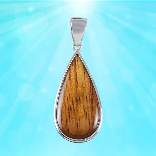 Hawaiian Large Genuine Koa Wood Rain Drop Pendant, Sterling Silver Koa Wood Rain Drop Pendant, Christmas Anniversary Birthday Gift