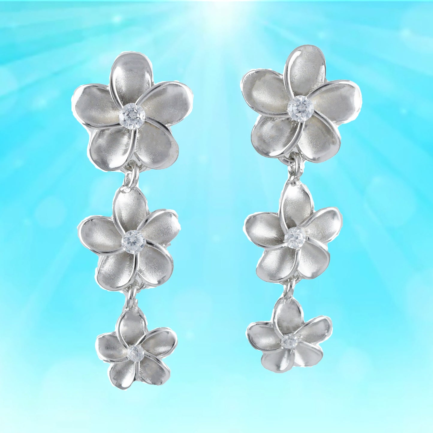 Hawaiian Large 3 Plumeria Earrings, Sterling Silver 3 Plumeria CZ Dangle Earrings, Christmas Anniversary Birthday Mom Gift