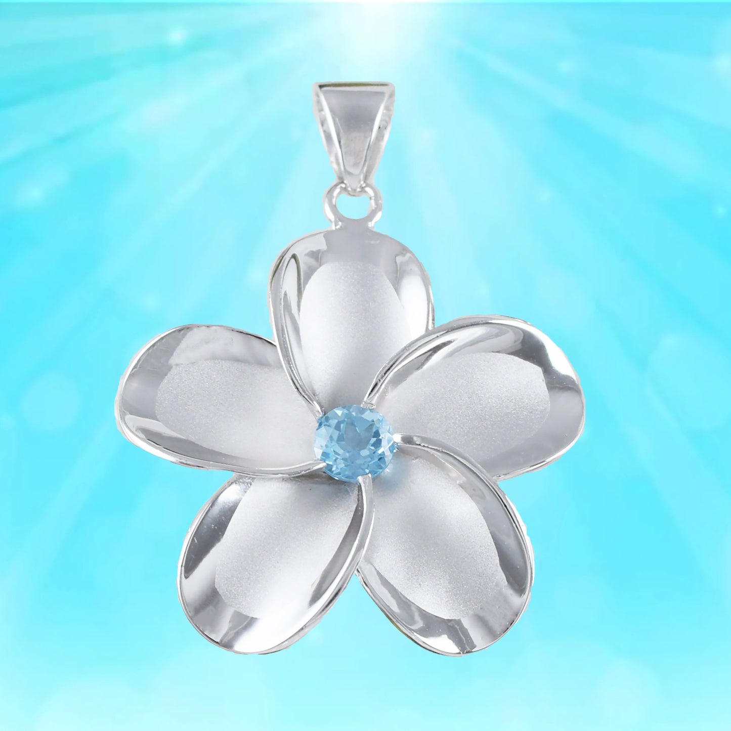 Hawaiian X-Large Genuine Blue Topaz Plumeria Pendant, Sterling Silver Plumeria Pendant, Christmas Anniversary Birthday Mom Gift