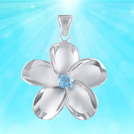 Hawaiian X-Large Genuine Blue Topaz Plumeria Pendant, Sterling Silver Plumeria Pendant, Christmas Anniversary Birthday Mom Gift