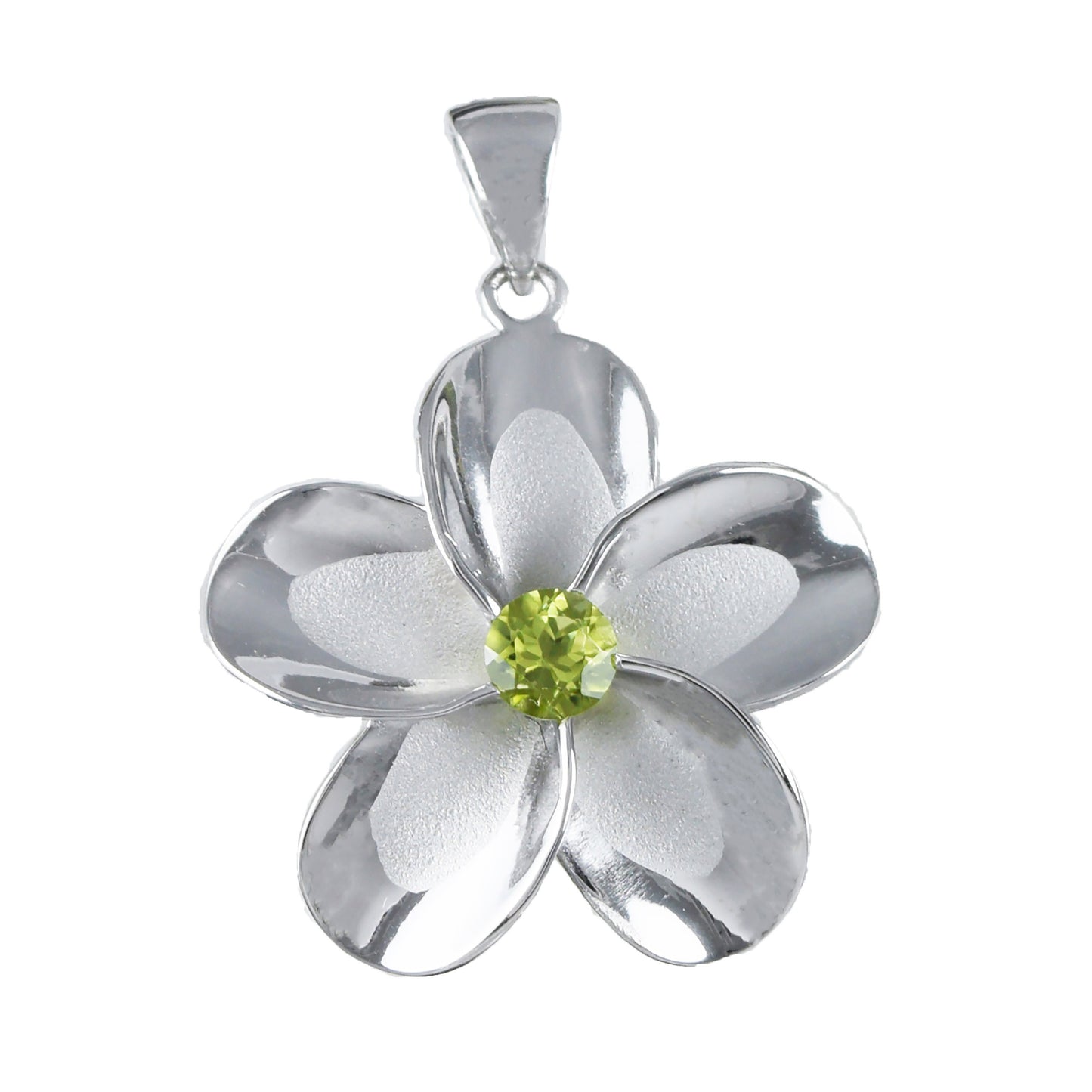 Hawaiian Large Genuine Peridot Plumeria Pendant, Sterling Silver Plumeria Pendant, Christmas Anniversary Birthday Mom Gift