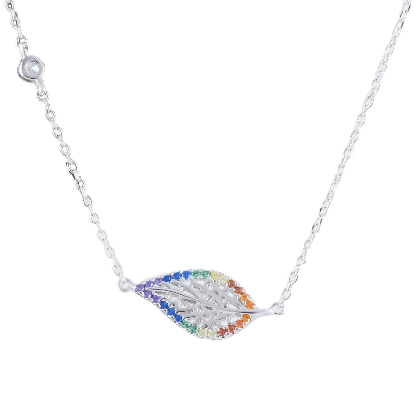 Hawaiian Rainbow Color Maile Leaf Necklace, Sterling Silver Maile Leaf CZ Necklace, Christmas Anniversary Birthday Mom Gift