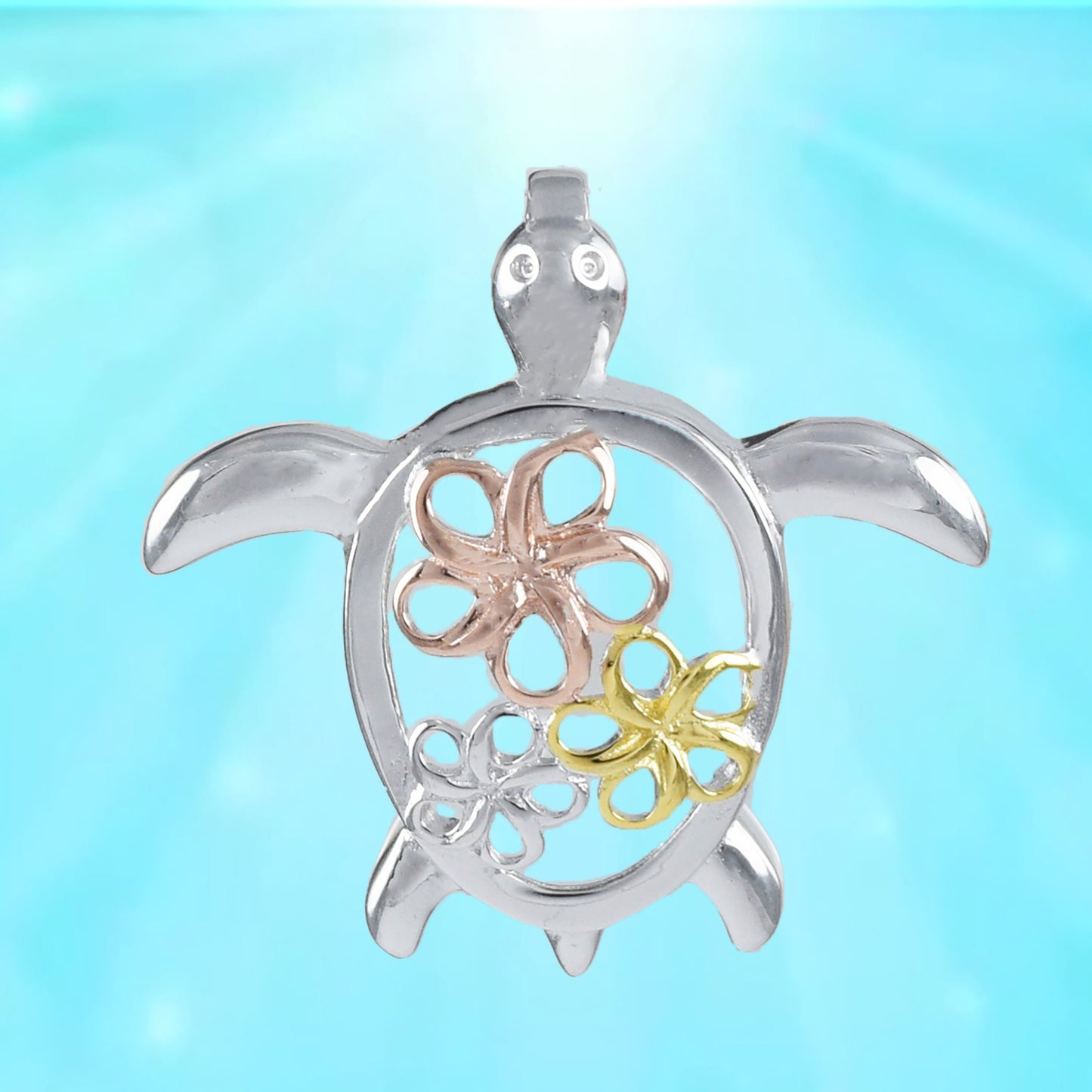 Hawaiian Tri-color Sea Turtle 3 Plumeria Pendant, Sterling Silver Turtle Plumeria Pendant, Christmas Anniversary Mom Birthday Gift