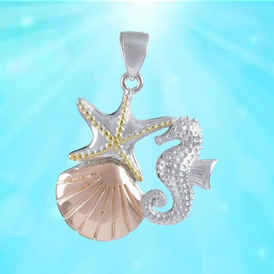 Hawaiian Tri-color Starfish Seashell Seahorse Pendant, Sterling Silver Starfish Pendant, Christmas Anniversary Mom Birthday Gift