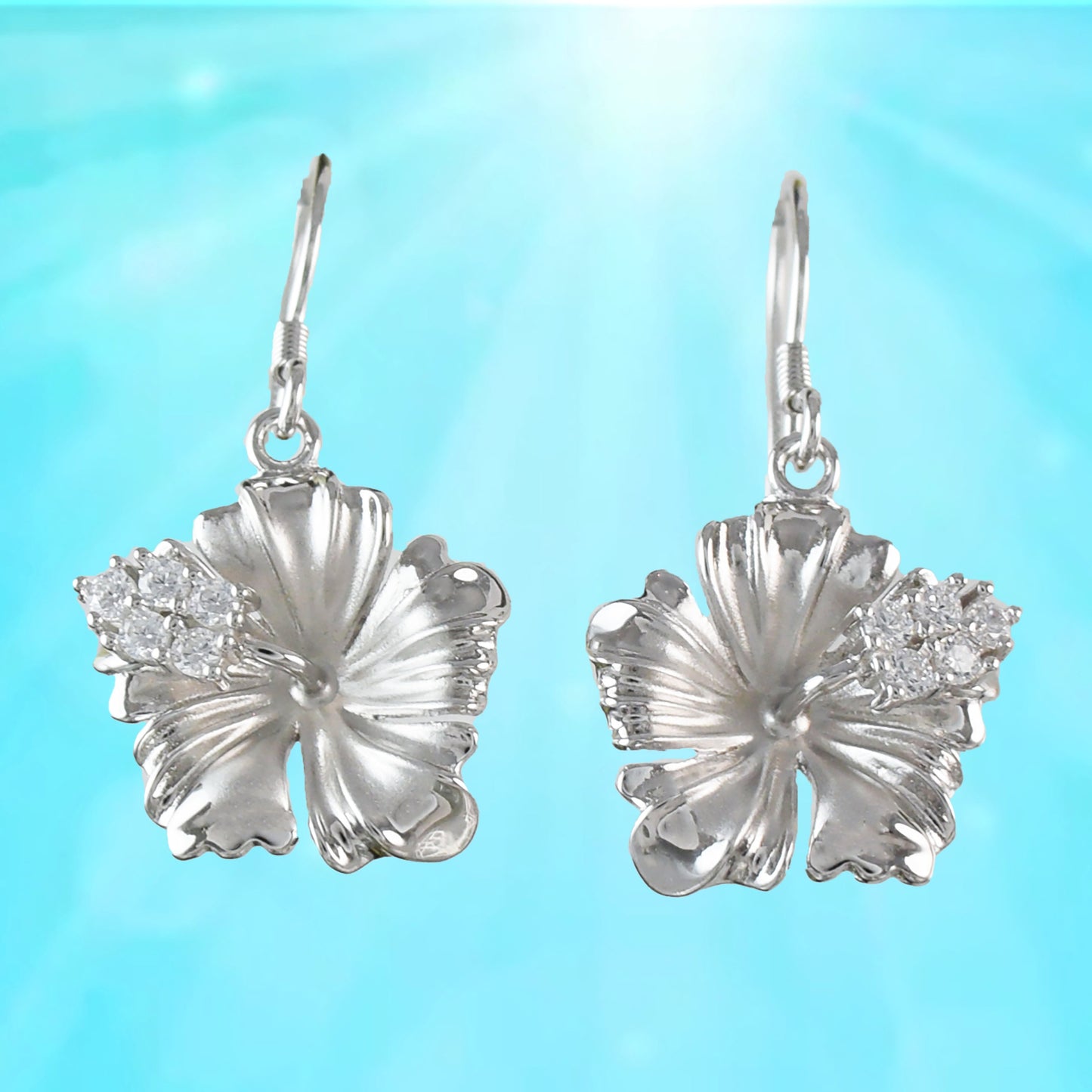 Hawaiian State Flower Hibiscus Earrings, Sterling Silver Hibiscus CZ Dangle Earrings, Christmas Anniversary Birthday Gift