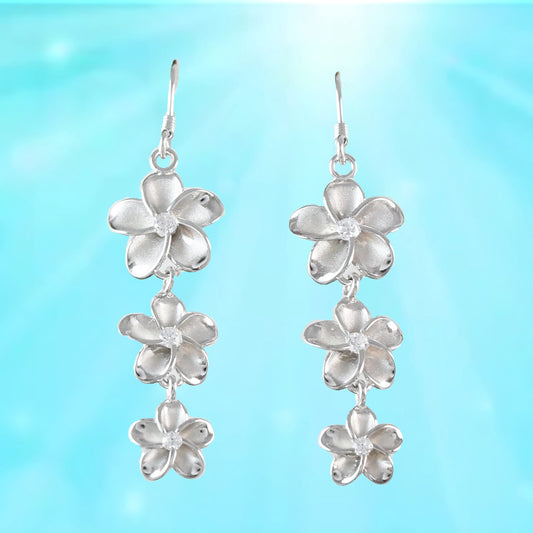 Hawaiian Large 3 Plumeria Earrings, Sterling Silver 3 Plumeria CZ Dangle Earrings, Hawaiian Jewelry, Christmas Present, Birthday Gift