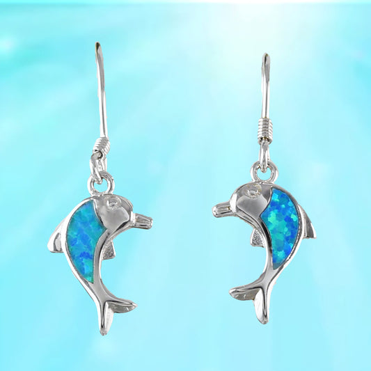 Hawaiian Blue Opal Dolphin Earrings, Sterling Silver Blue Opal Inlay Dolphin Dangle Earrings, Christmas Mom Birthday Gift