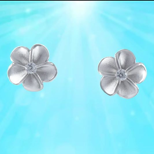 Hawaiian Small Plumeria Earrings, Sterling Silver Plumeria CZ Stud Earrings, W4003 Hawaiian Jewelry, Christmas Present