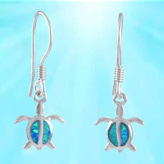 Hawaiian Small Blue Opal Sea Turtle Earrings, Sterling Silver Blue Opal Inlay Turtle Dangle Earrings, Christmas Birthday Gift