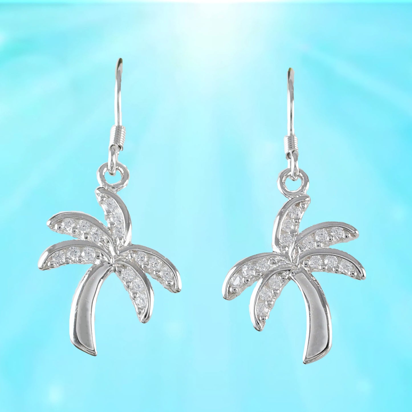 Hawaiian Palm Tree Earrings, Sterling Silver Palm Tree W. CZ Dangle Earrings, W54022, Hawaiian Jewelry  Christmas Present, Birthday Gift