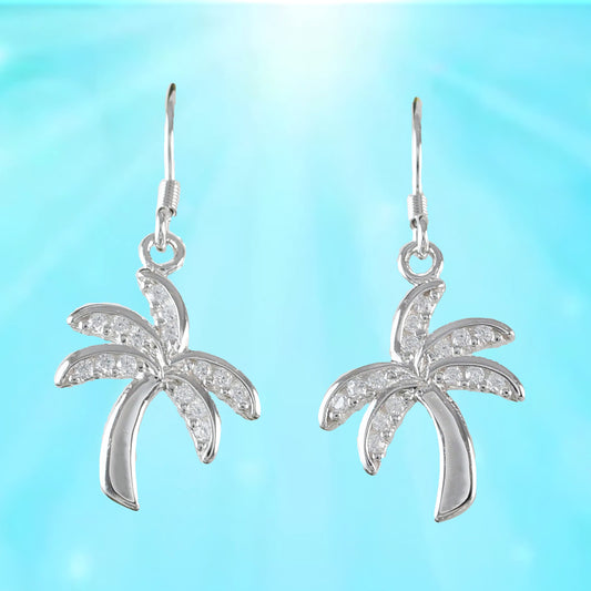 Hawaiian Palm Tree Earrings, Sterling Silver Palm Tree W. CZ Dangle Earrings, W54022, Hawaiian Jewelry  Christmas Present, Birthday Gift