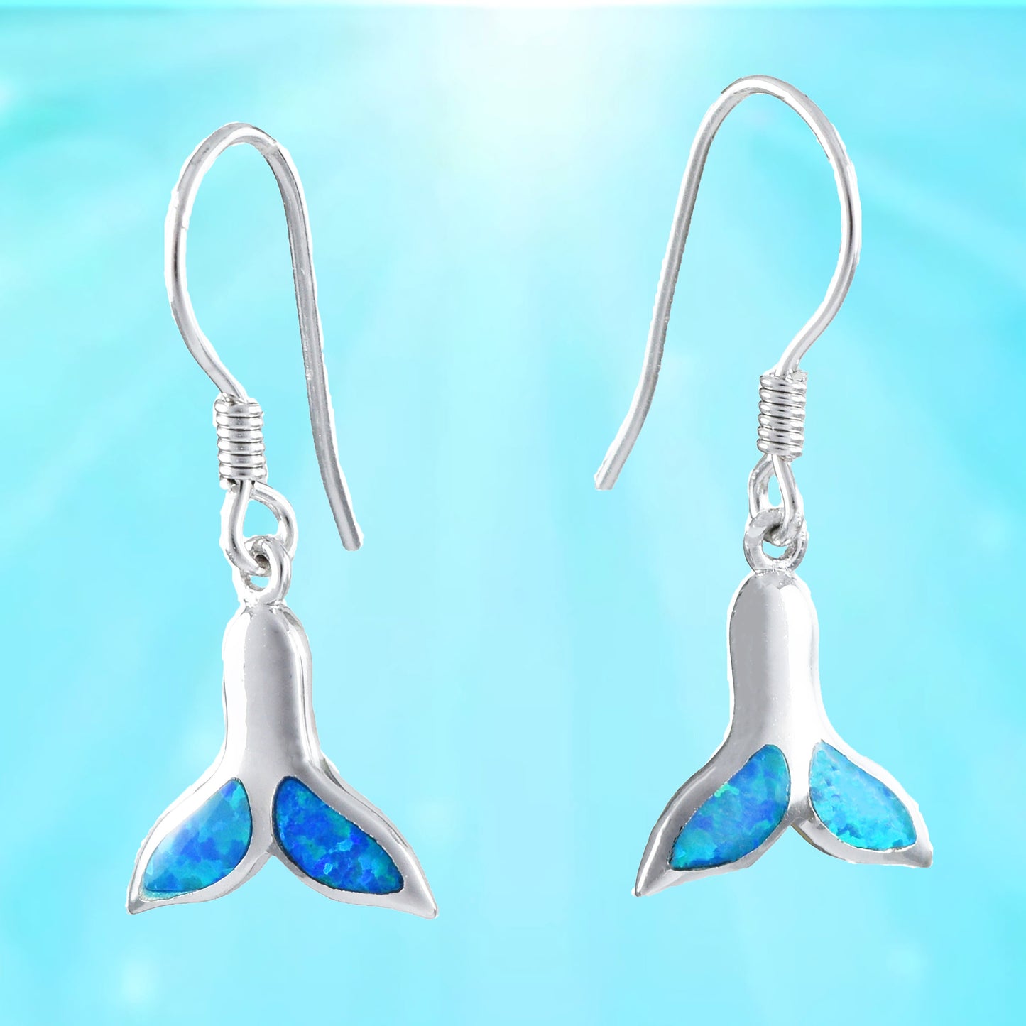 Hawaiian Blue Opal Whale Tail Earrings, Sterling Silver Blue Opal Whale Tail Dangle Earrings, Christmas Anniversary Birthday Gift