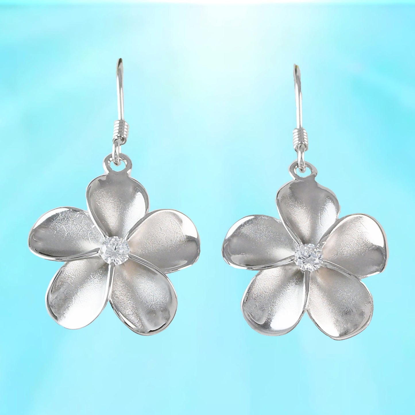 Hawaiian Large Plumeria Earrings, Sterling Silver Plumeria Flower CZ Dangle Earrings, Hawaiian Jewelry, Christmas Mom Birthday Gift