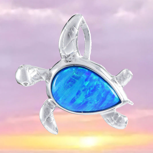 Hawaiian Blue Opal Sea Turtle Pendant, Sterling Silver Blue Opal Turtle Pendant, N8373 Birthday Mom Mother Gift, Statement PC