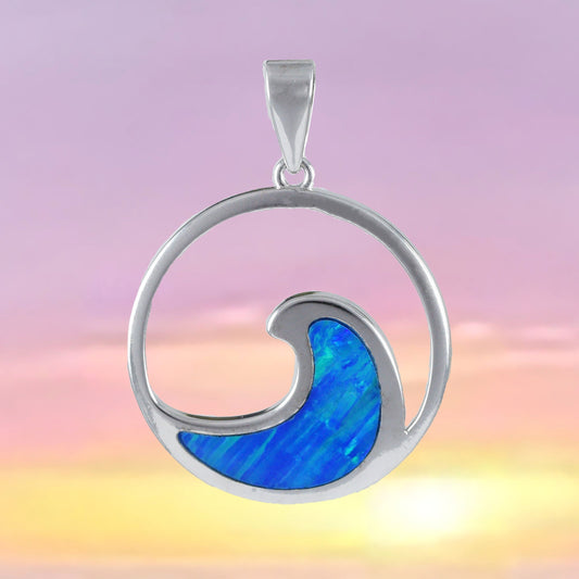 Hawaiian Large Blue Opal Ocean Wave Pendant, Sterling Silver Blue Opal Wave Pendant, N8382 Birthday Mom Mother Gift