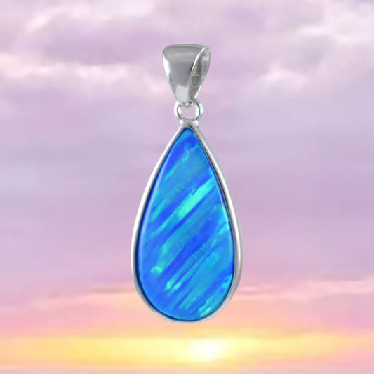 Hawaiian Blue Opal Rain Drop Pendant, Sterling Silver Blue Opal Rain-Drop Pendant, N8388 Birthday Mom Mother Gift