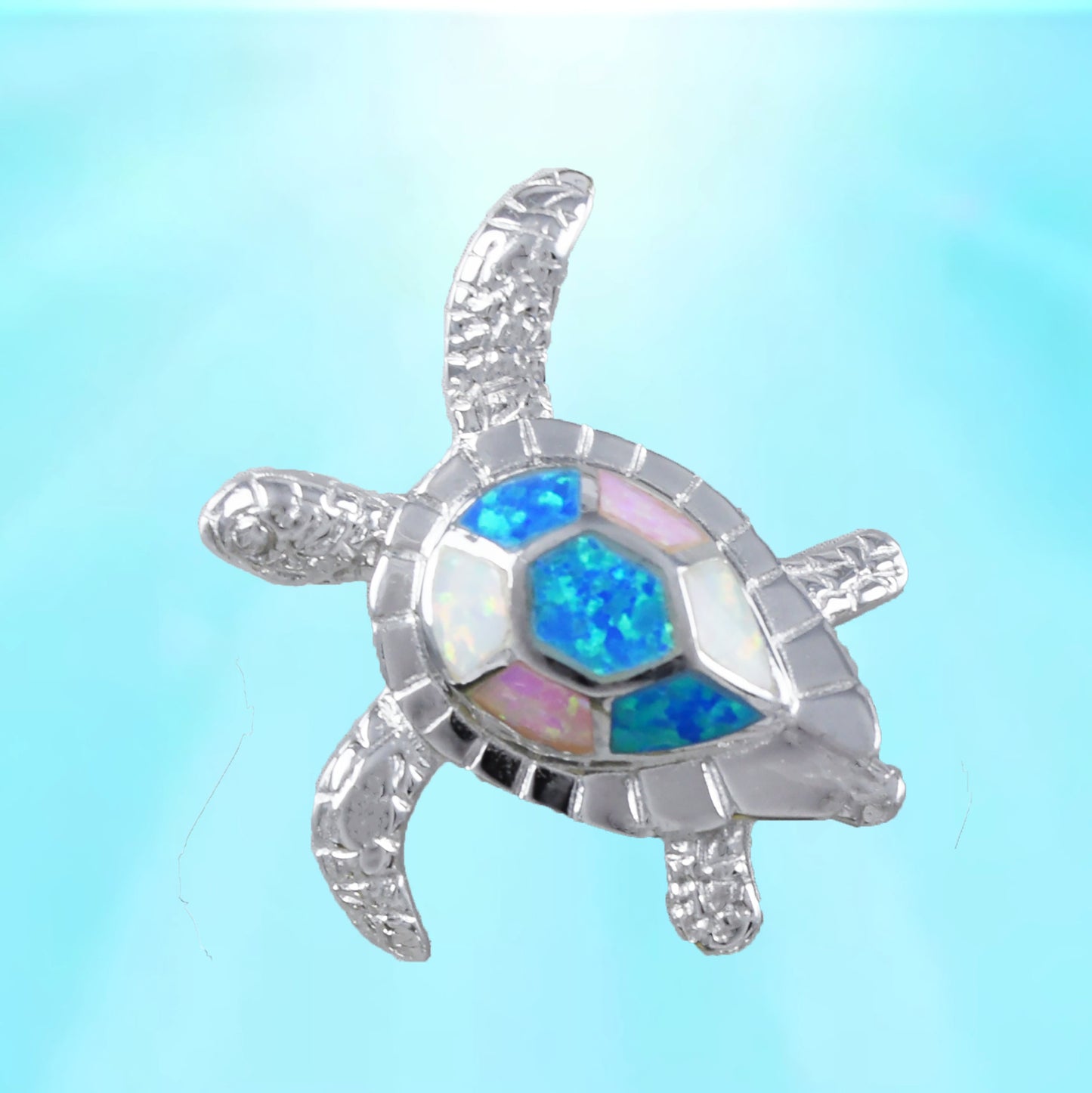 Hawaiian Large Blue Pink White Opal Sea Turtle Pendant, Sterling Silver Opal Sea Turtle Pendant, Christmas Birthday Mom Gift