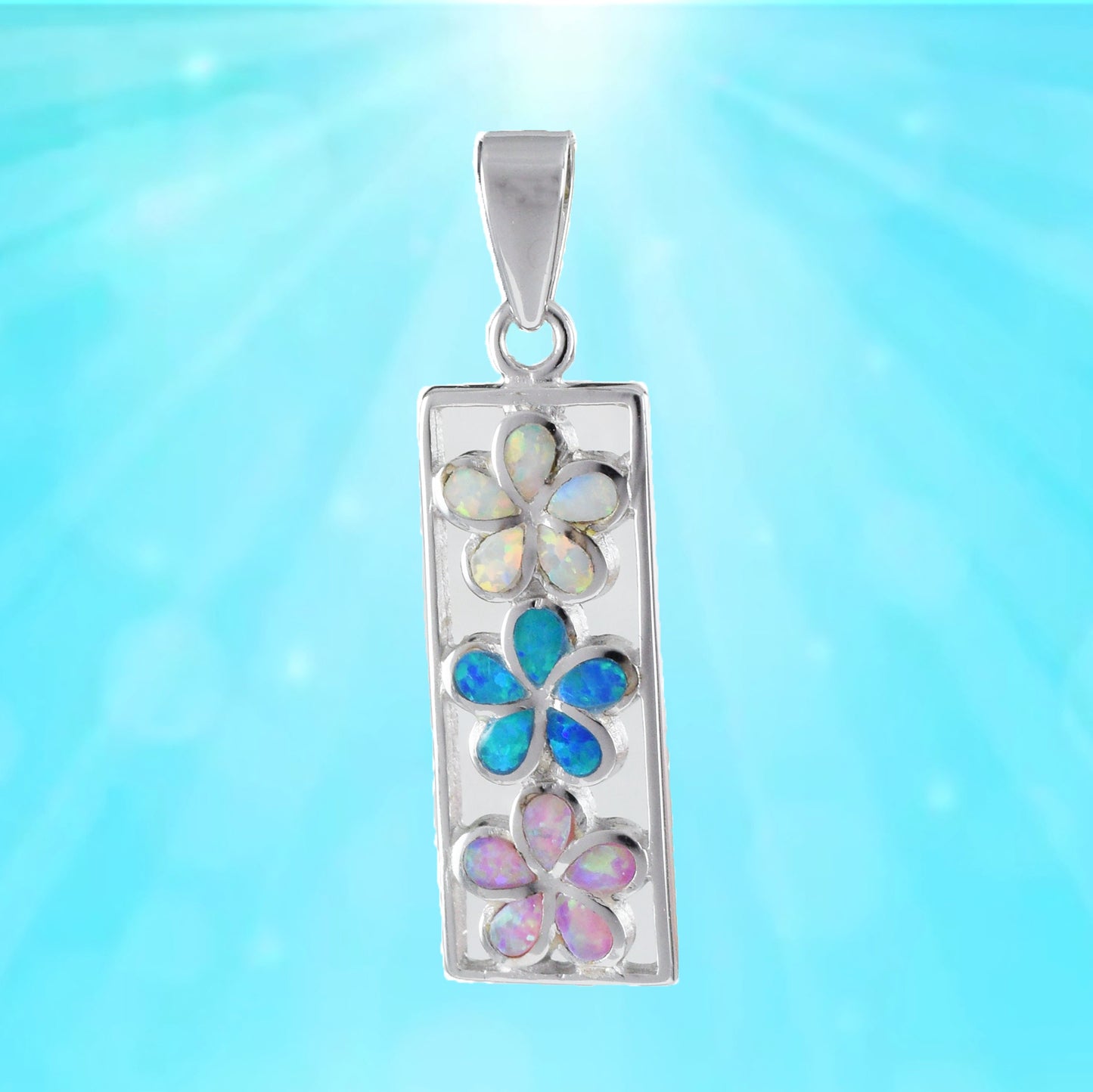 Hawaiian 3 Blue Pink White Opal Plumeria Pendant, Sterling Silver Opal Inlay 3 Plumeria Pendant, Christmas Mom Birthday Gift