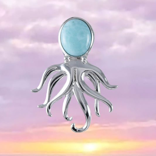 Hawaiian Genuine Larimar Octopus Pendant, Sterling Silver Larimar Octopus Pendant, N8438 Birthday Mother Wife Mom Gift