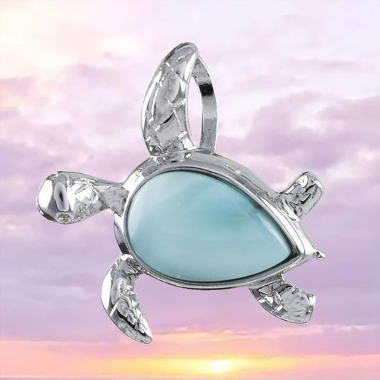 Hawaiian Genuine Larimar Sea Turtle Pendant, Sterling Silver Larimar Turtle Pendant, N8841 Birthday Mother Wife Mom Gift