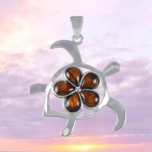 Hawaiian Large Genuine Koa Wood Sea Turtle Pendant, Sterling Silver Koa Wood Plumeria Turtle Pendant, N8506 Birthday Mom Gift