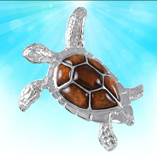 Hawaiian X-Large Genuine Koa Wood Sea Turtle Pendant, Sterling Silver Koa Wood Sea Turtle Pendant, Christmas Birthday Mom Gift