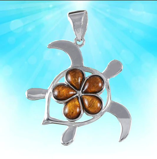 Hawaiian X-Large Genuine Koa Wood Plumeria Sea Turtle Pendant, Sterling Silver Koa Wood Inlay Sea Turtle Pendant, Christmas Birthday Gift