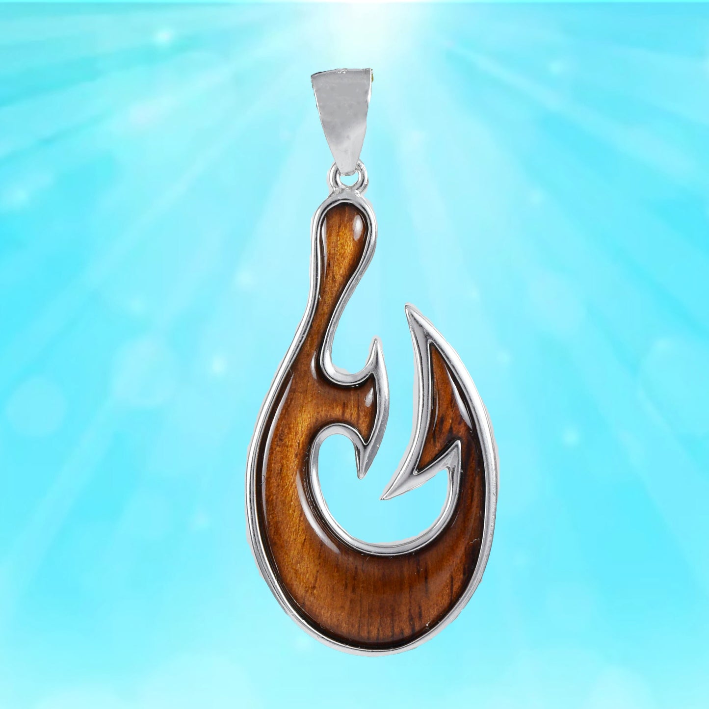 Hawaiian X-Large Genuine Koa Wood Fish Hook Pendant, Sterling Silver Koa Wood Fish Hook Pendant, Christmas Anniversary Birthday Gift