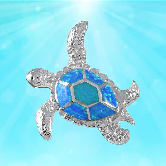 Hawaiian X-Large Blue Opal Sea Turtle Pendant, Sterling Silver Blue Opal Inlay Sea Turtle Pendant, Christmas Birthday Gift