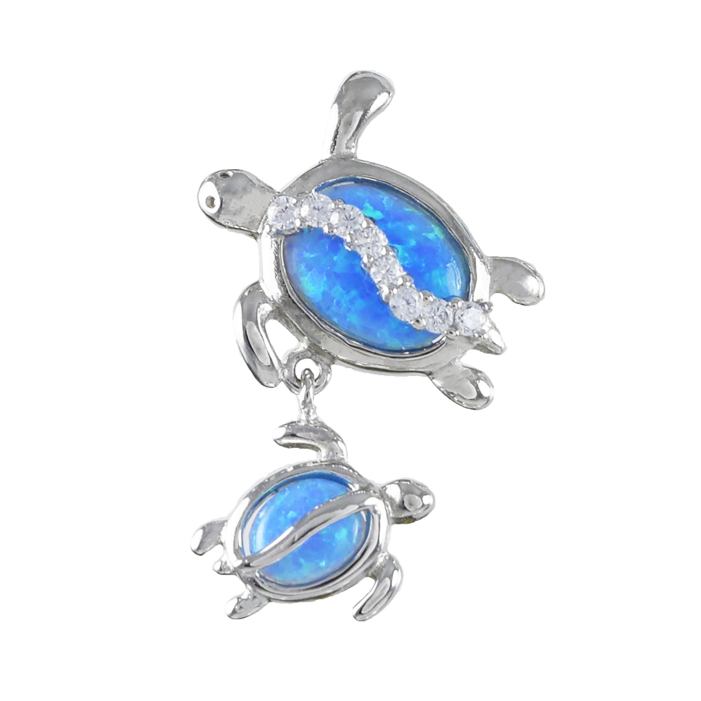 Hawaiian Blue Opal Mom and Small Sea Turtle Pendant, Sterling Silver Blue Opal Inlay Sea CZ Turtle Pendant, Christmas Birthday Gift