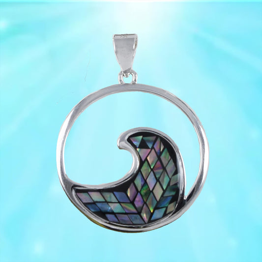 Hawaiian Genuine Paua Shell Ocean Wave Pendant, Sterling Silver Abalone MOP Wave Pendant, Christmas Anniversary Birthday Mom Gift