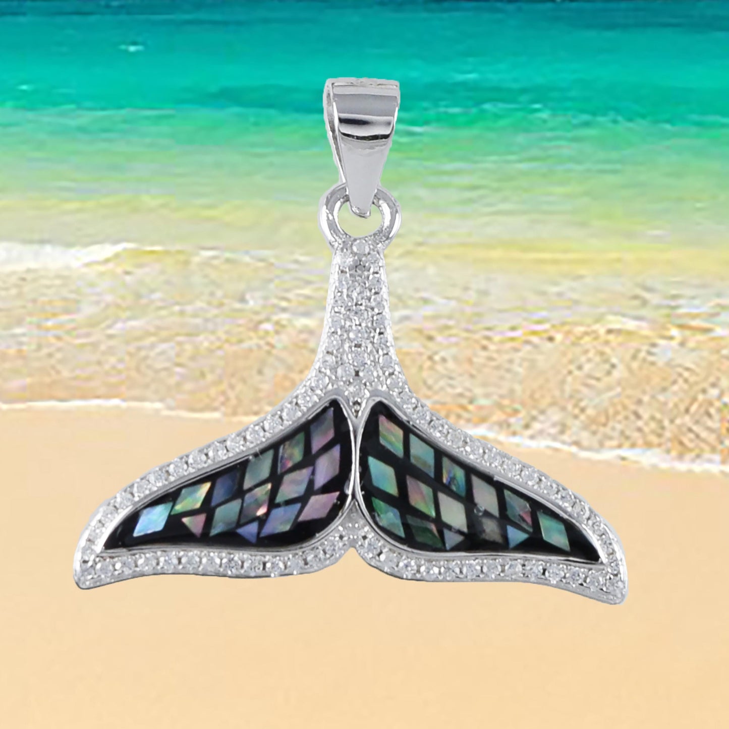 Hawaiian Genuine Paua Shell Whale Tail Pendant, Sterling Silver Abalone MOP Inlay CZ Whale Tail Pendant, Christmas Mom Birthday Gift