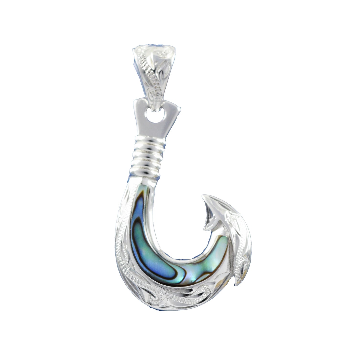 Hawaiian Genuine Paua Shell Fish Hook Pendant, Sterling Silver Abalone MOP Fish Hook Pendant, Christmas Anniversary Birthday Gift