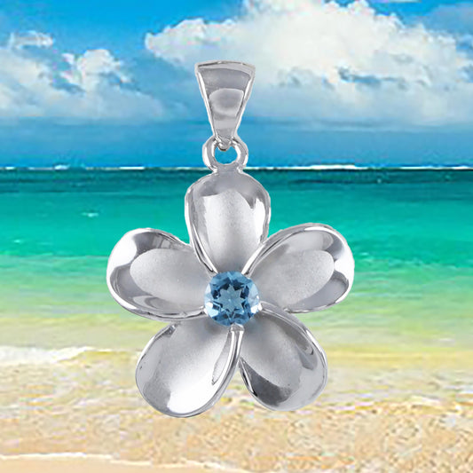 Hawaiian Genuine Blue Topaz Plumeria Pendant, Sterling Silver Plumeria Pendant, Christmas Anniversary Birthday Mom Gift